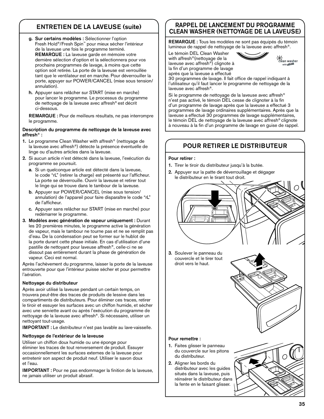 Maytag W10649236A - SP, W10649235A manual Pour Retirer LE Distributeur, Le témoin DEL Clean Washer 