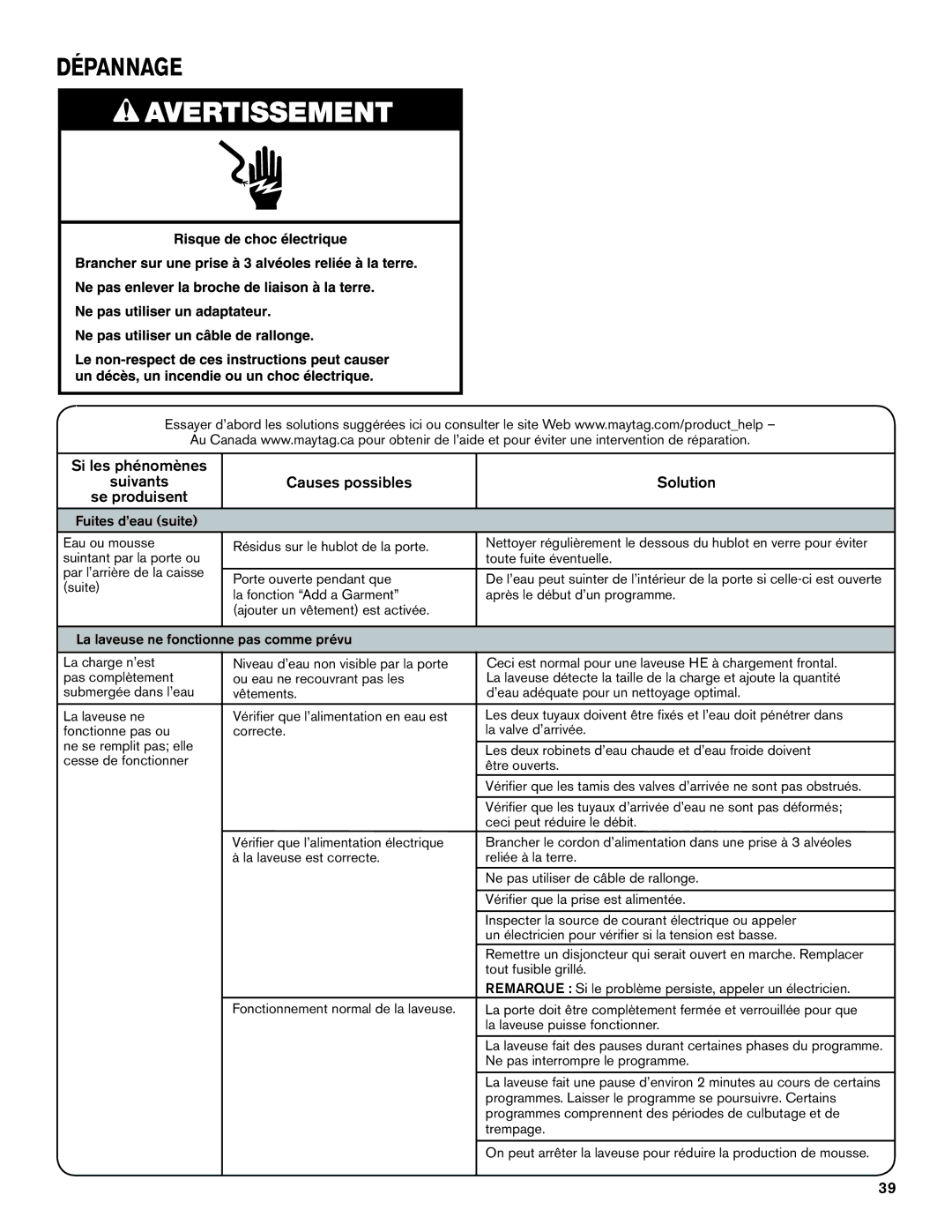 Maytag W10649236A - SP, W10649235A manual Suite, La laveuse puisse fonctionner, Ne pas interrompre le programme, Trempage 