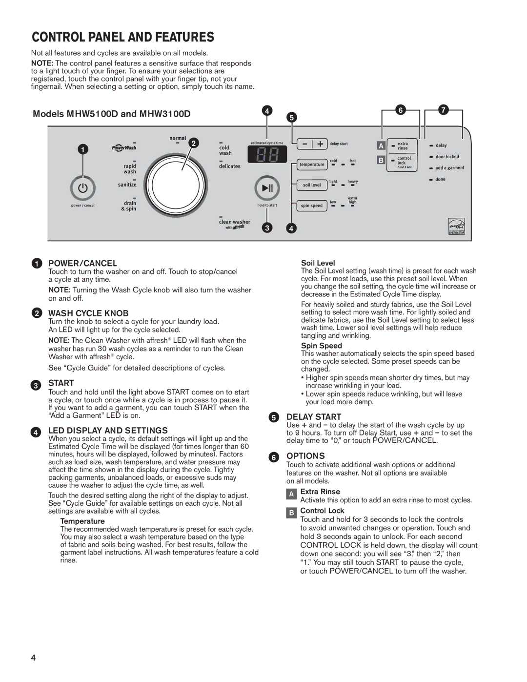 Maytag W10649235A, W10649236A - SP Control Panel and Features, Not all features and cycles are available on all models 