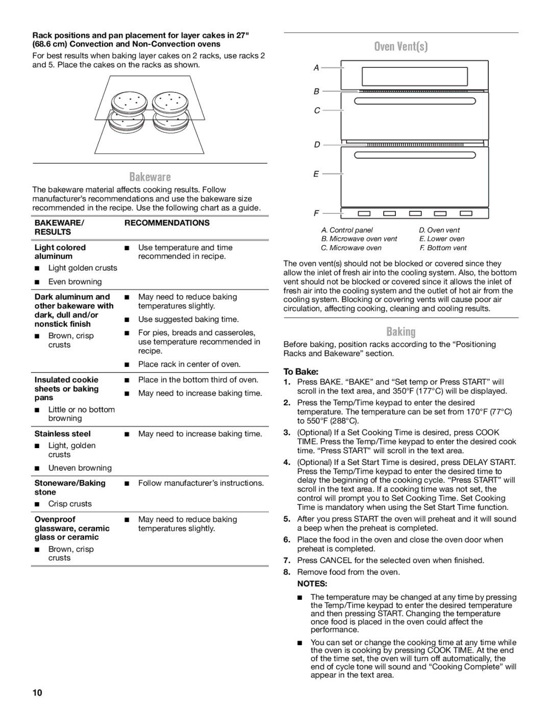 Maytag W10669242B manual Oven Vents, Baking, To Bake, Bakeware Recommendations Results 