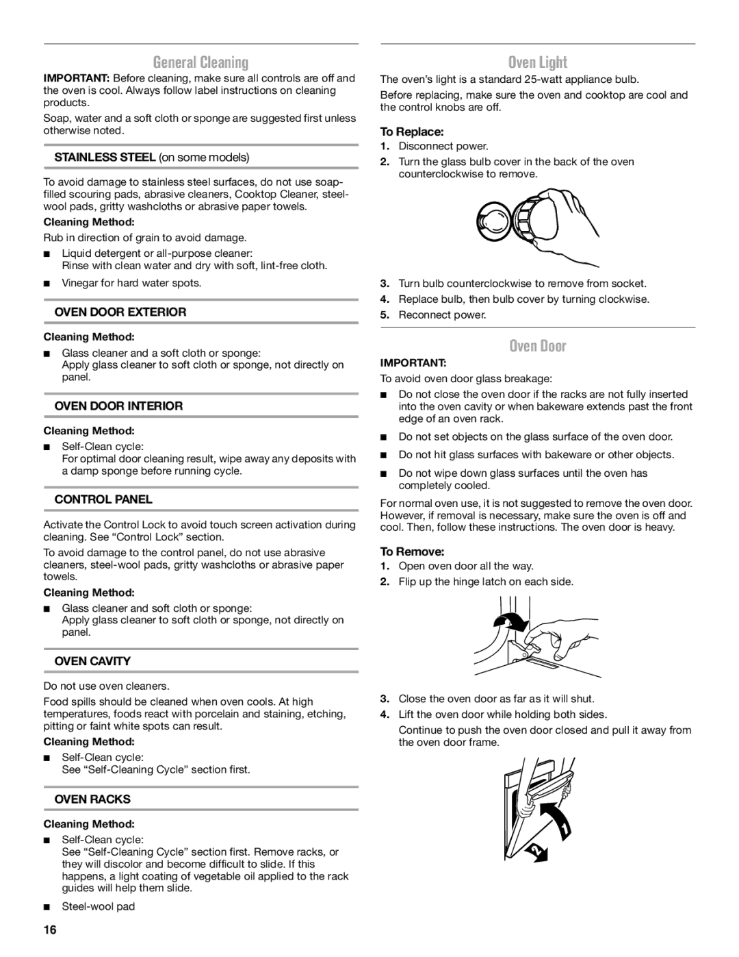 Maytag W10669242B manual General Cleaning, Oven Light, Oven Door 