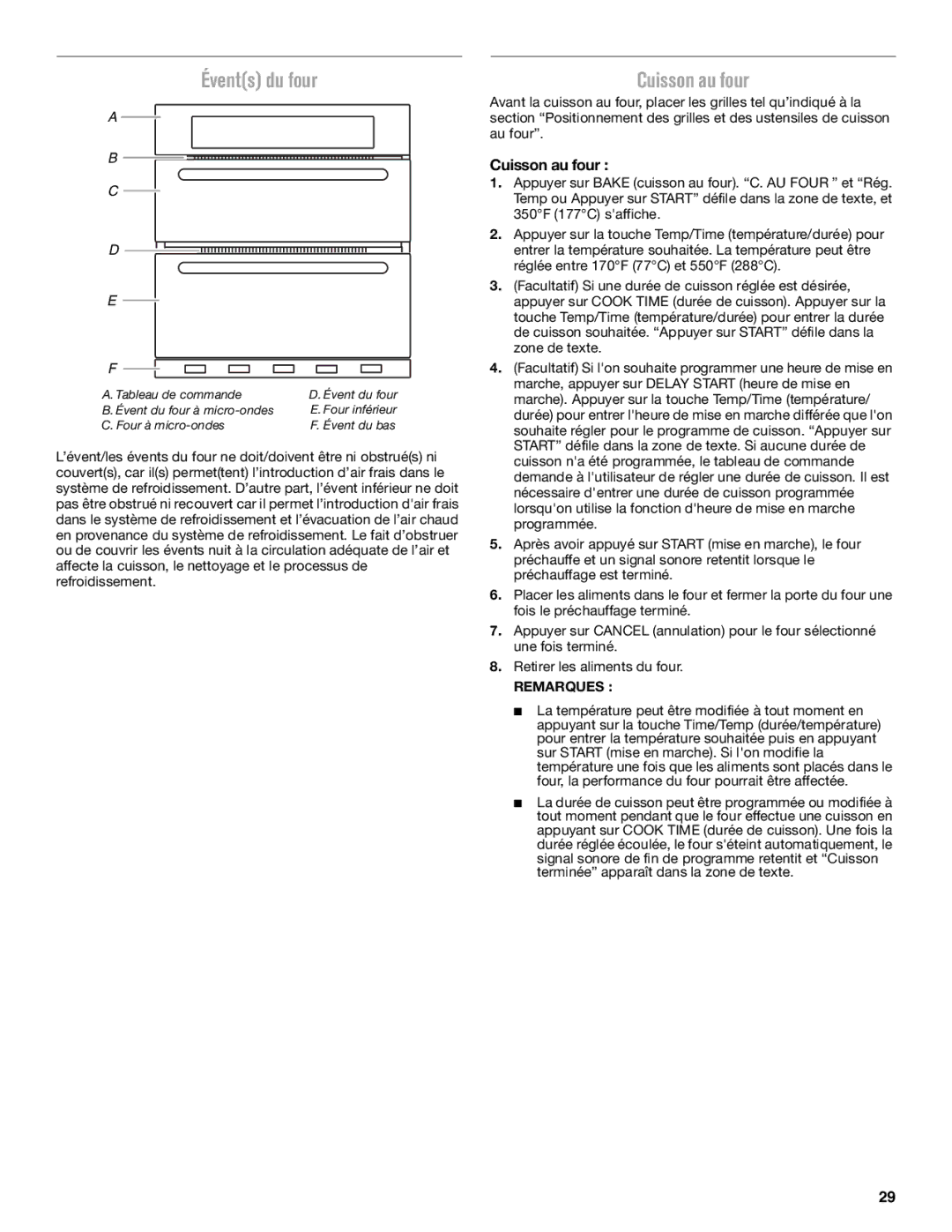 Maytag W10669242B manual Évents du four, Cuisson au four, Remarques 