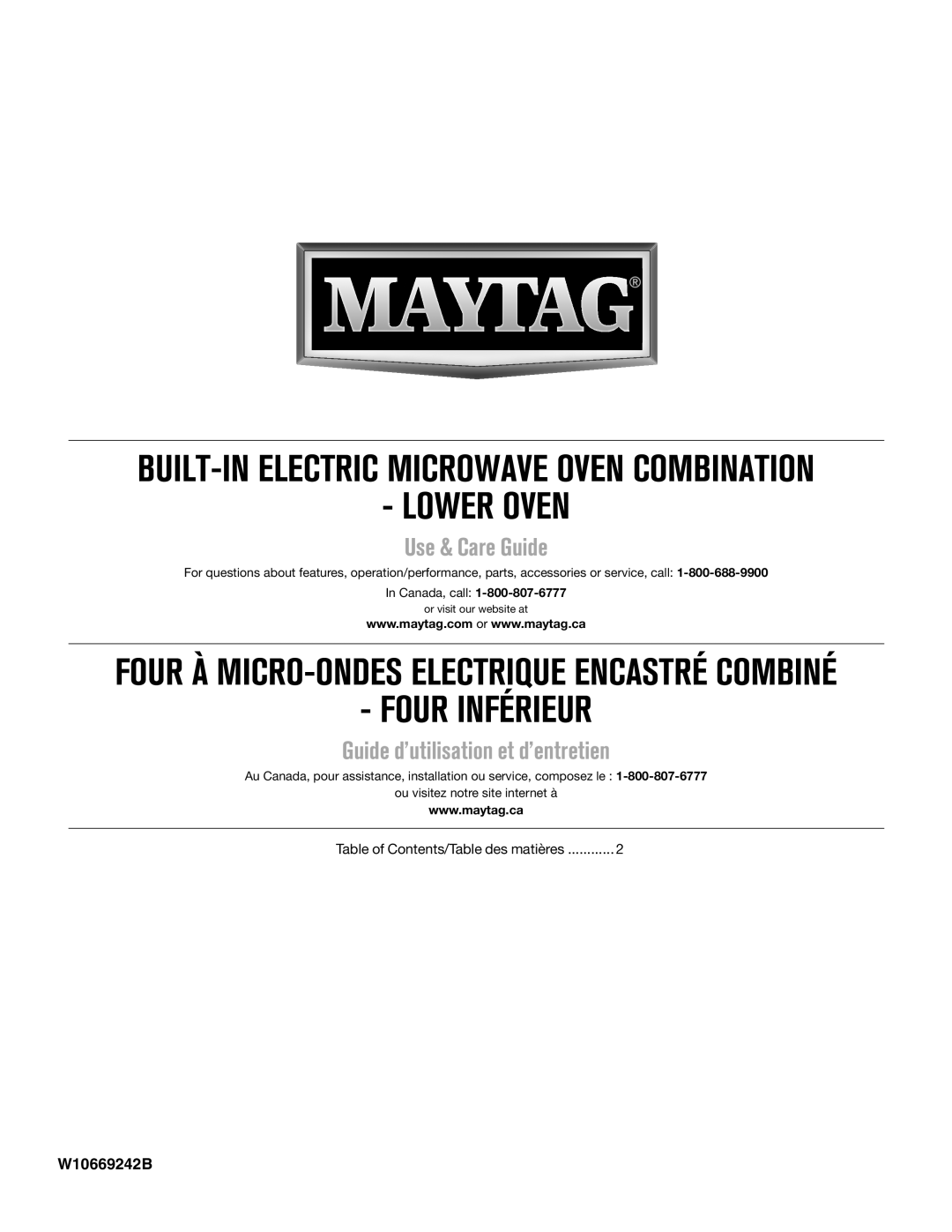 Maytag W10669242B manual Four À Micro-Ondeselectrique Encastré Combiné, Lower Oven, Four Inférieur, Use & Care Guide 