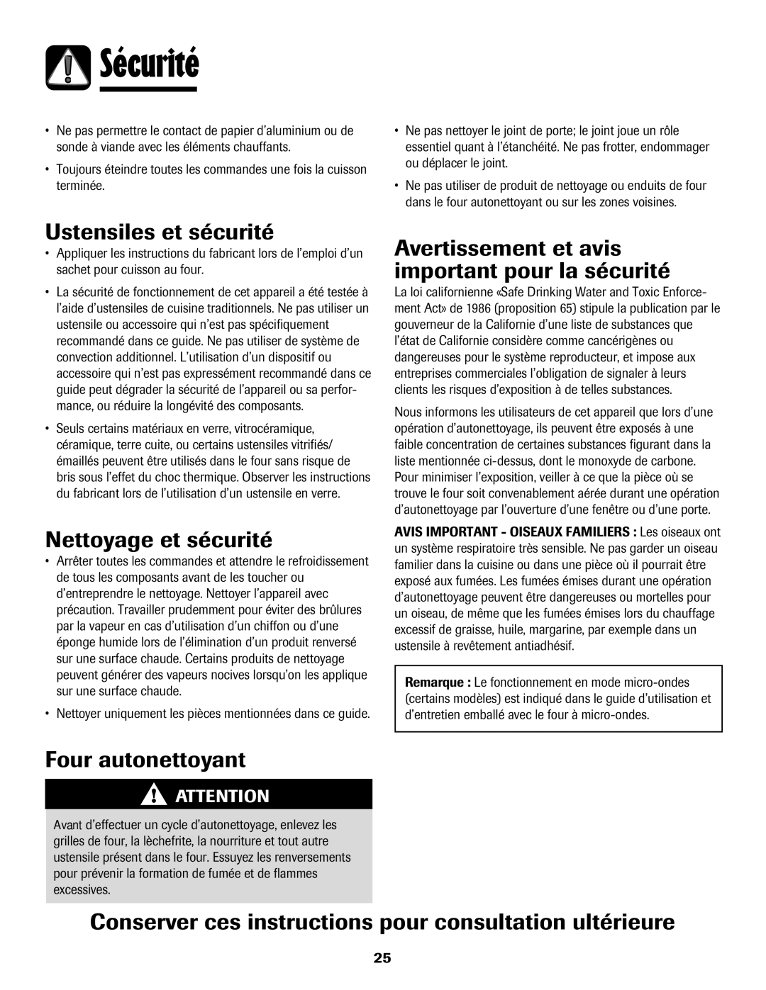 Maytag Wall Oven warranty Ustensiles et sécurité, Nettoyage et sécurité, Avertissement et avis important pour la sécurité 