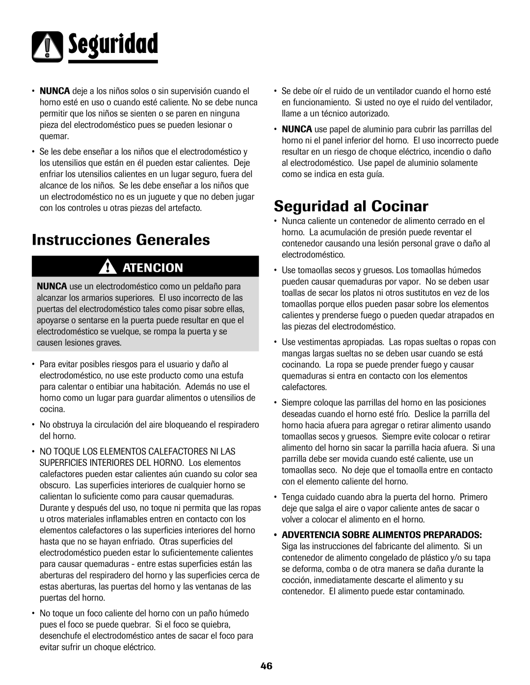 Maytag Wall Oven warranty Instrucciones Generales, Seguridad al Cocinar 