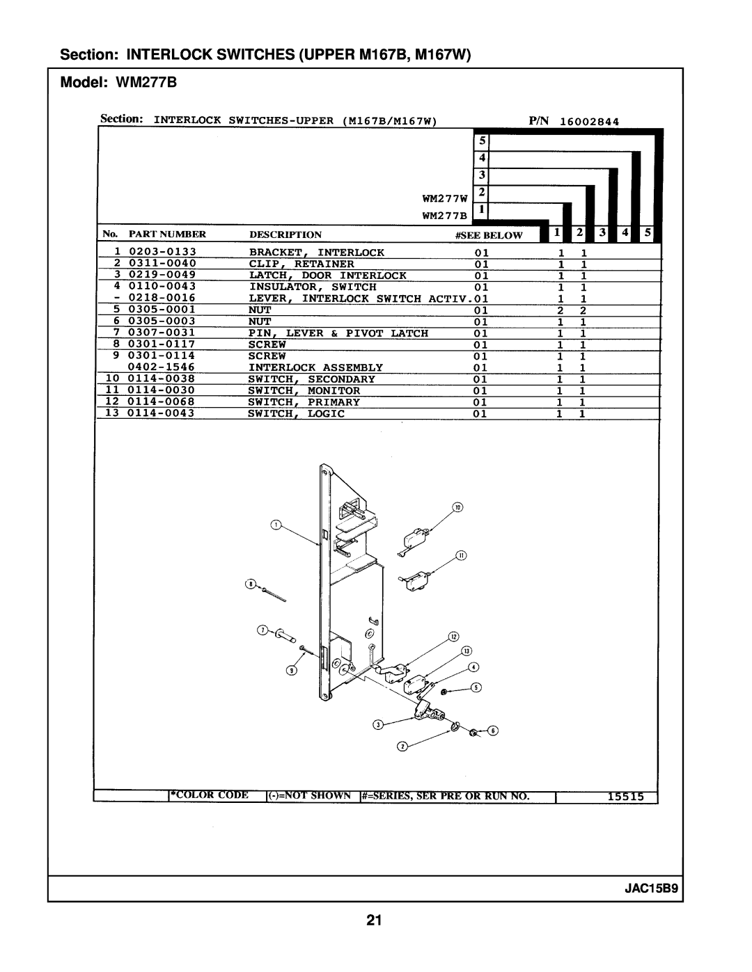 Maytag manual Section INTERLOCK SWITCHES UPPER M167B, M167W, JAC15B9, Model WM277B 