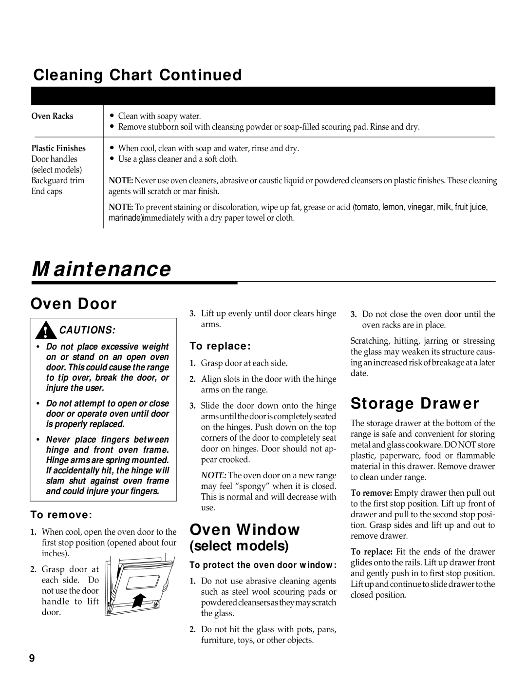 Maytag WT-TOD warranty Maintenance, Oven Door, Oven Window, Storage Drawer 