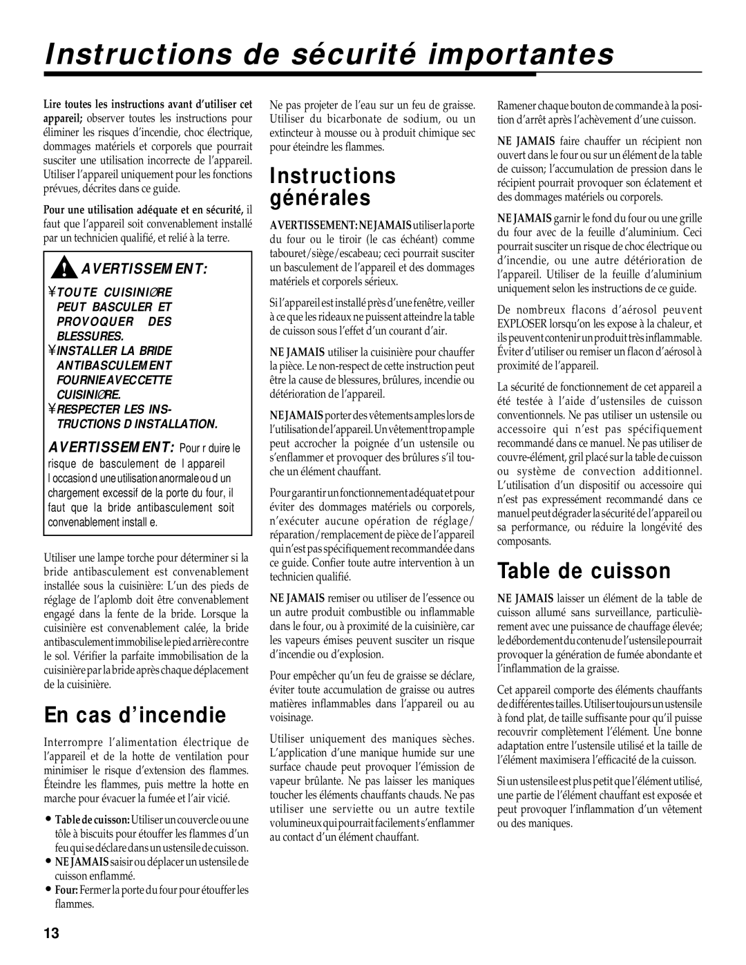 Maytag WT-TOD warranty Instructions de sécurité importantes, En cas d’incendie, Instructions générales, Table de cuisson 