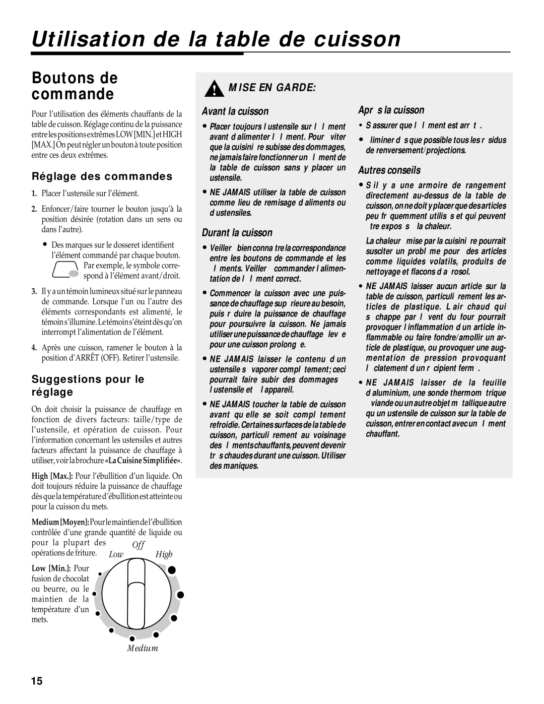 Maytag WT-TOD warranty Utilisation de la table de cuisson, Boutons de commande 