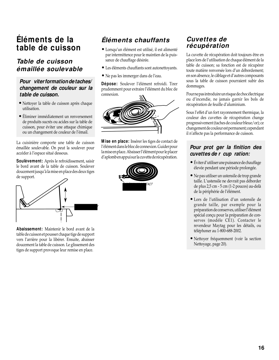 Maytag WT-TOD warranty Éléments de la table de cuisson, Table de cuisson émaillée soulevable, Éléments chauffants 