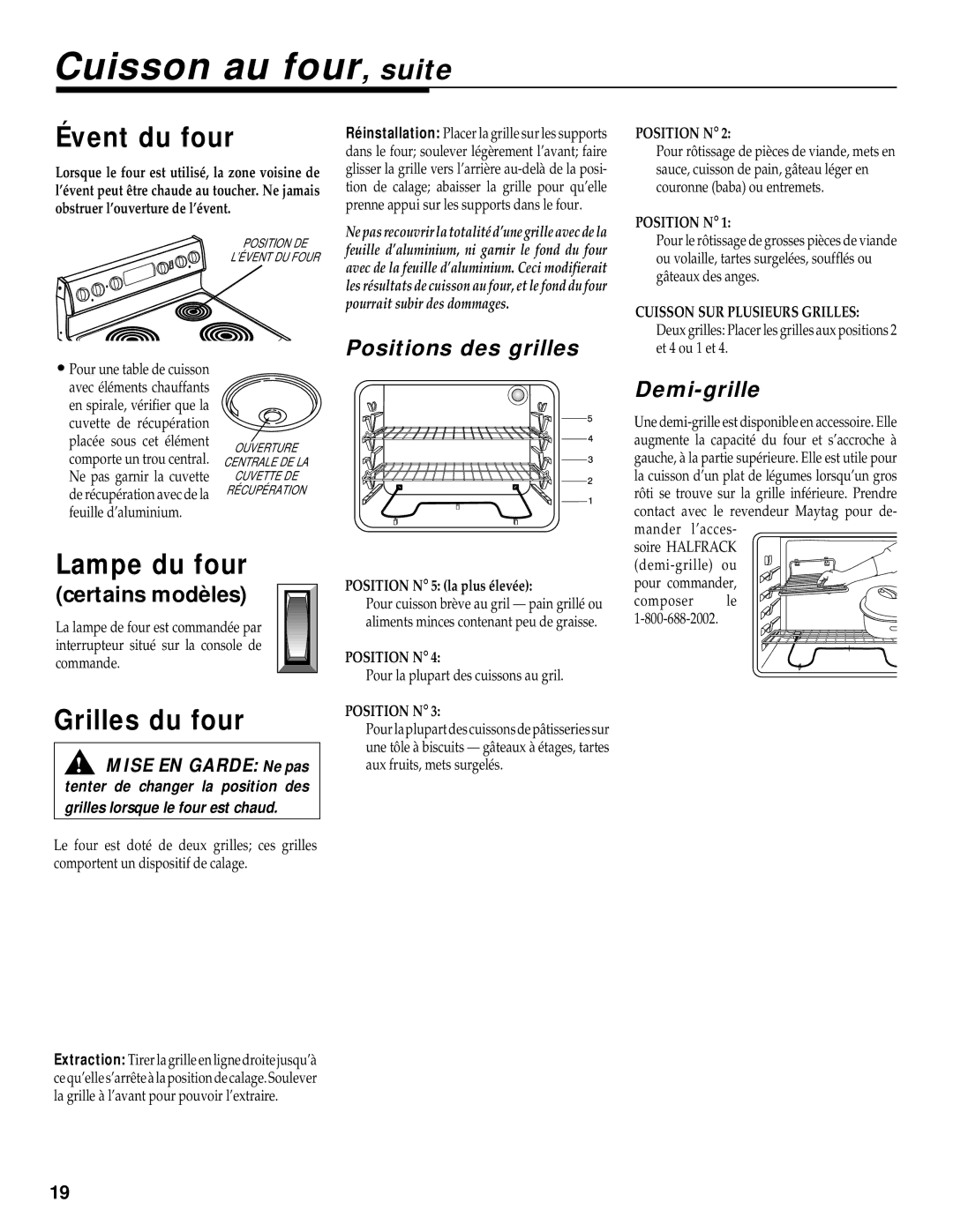 Maytag WT-TOD warranty Cuisson au four, suite, Évent du four, Lampe du four, Grilles du four 