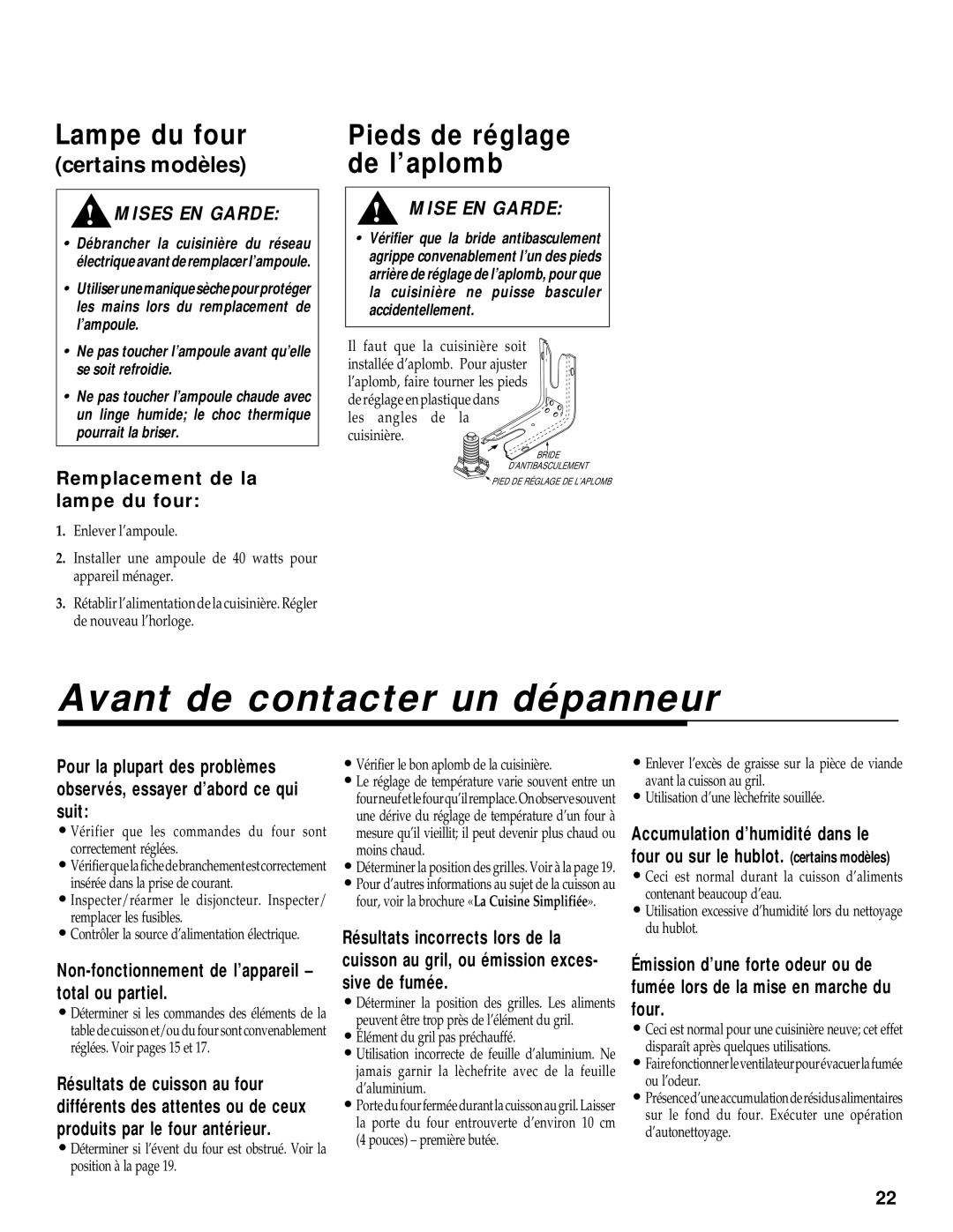 Maytag WT-TOD warranty Avant de contacter un dépanneur, Pieds de réglage de l’aplomb, Remplacement de la lampe du four 