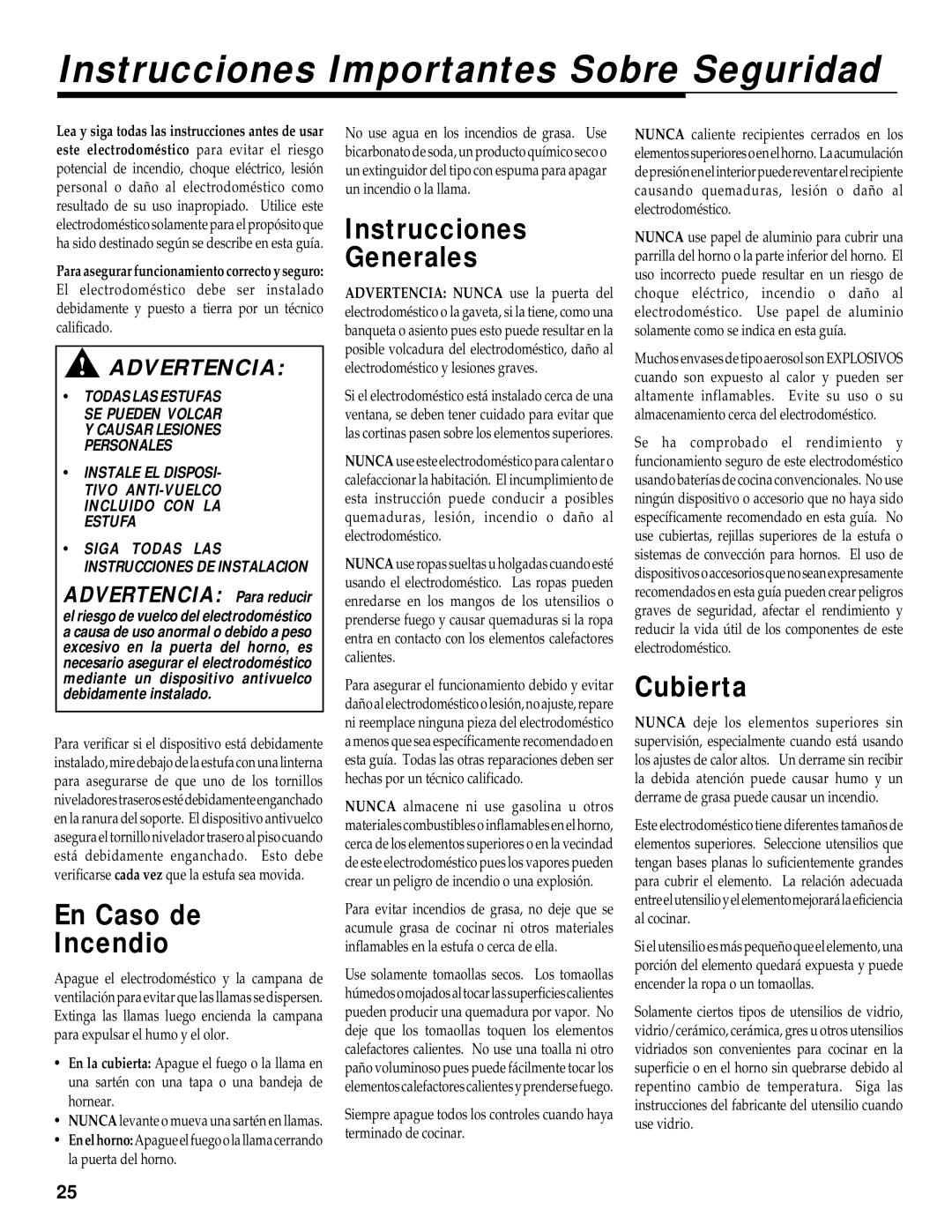 Maytag WT-TOD warranty Instrucciones Importantes Sobre Seguridad, En Caso de Incendio, Instrucciones Generales, Cubierta 