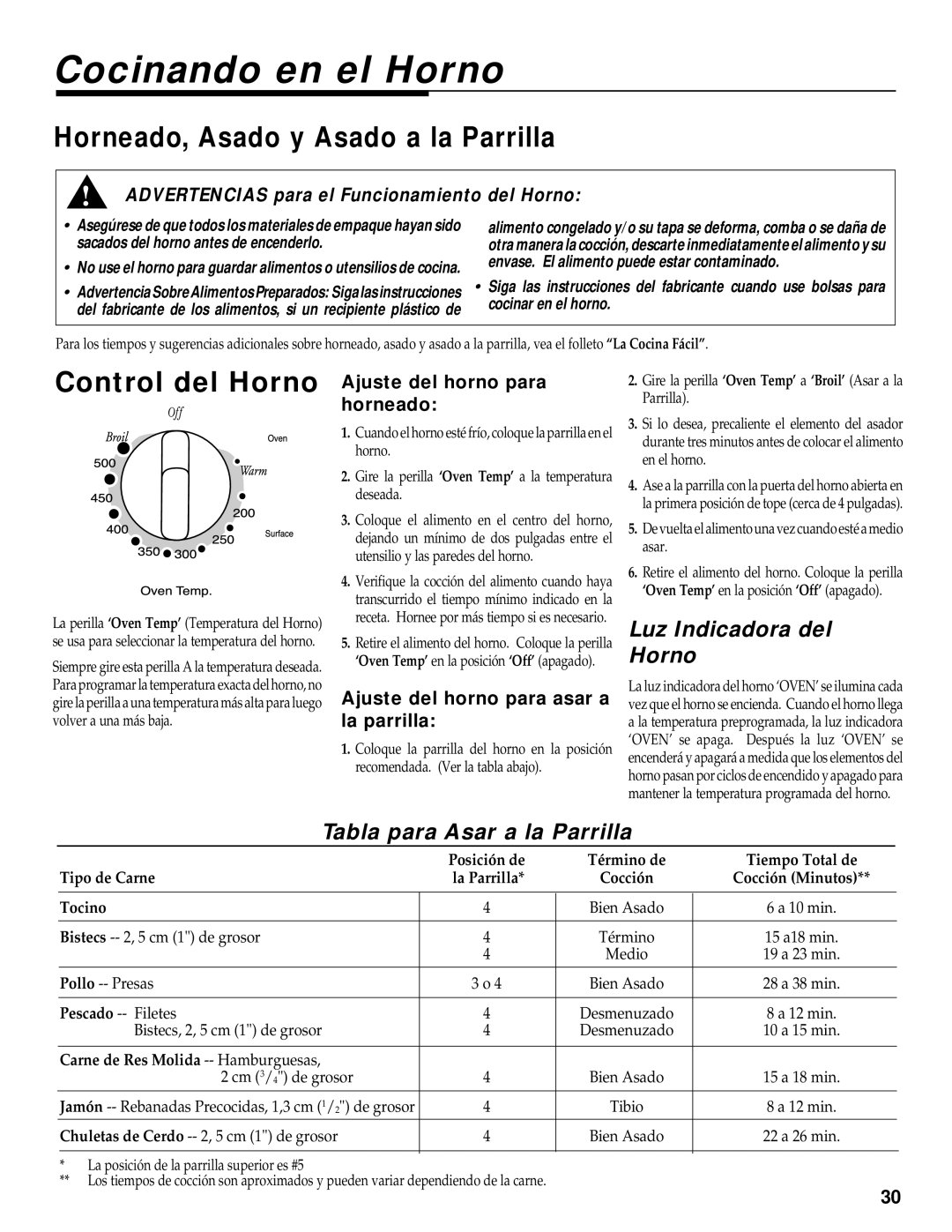 Maytag WT-TOD Cocinando en el Horno, Horneado, Asado y Asado a la Parrilla, Control del Horno, Luz Indicadora del Horno 