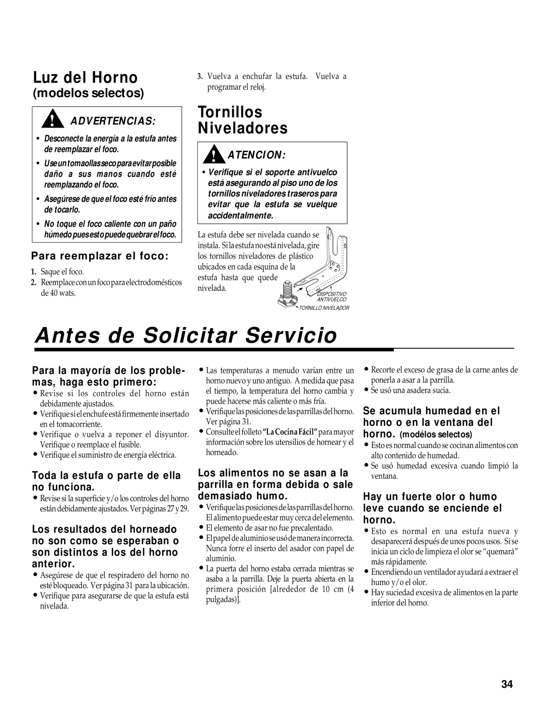 Maytag WT-TOD warranty Antes de Solicitar Servicio, Tornillos Niveladores 