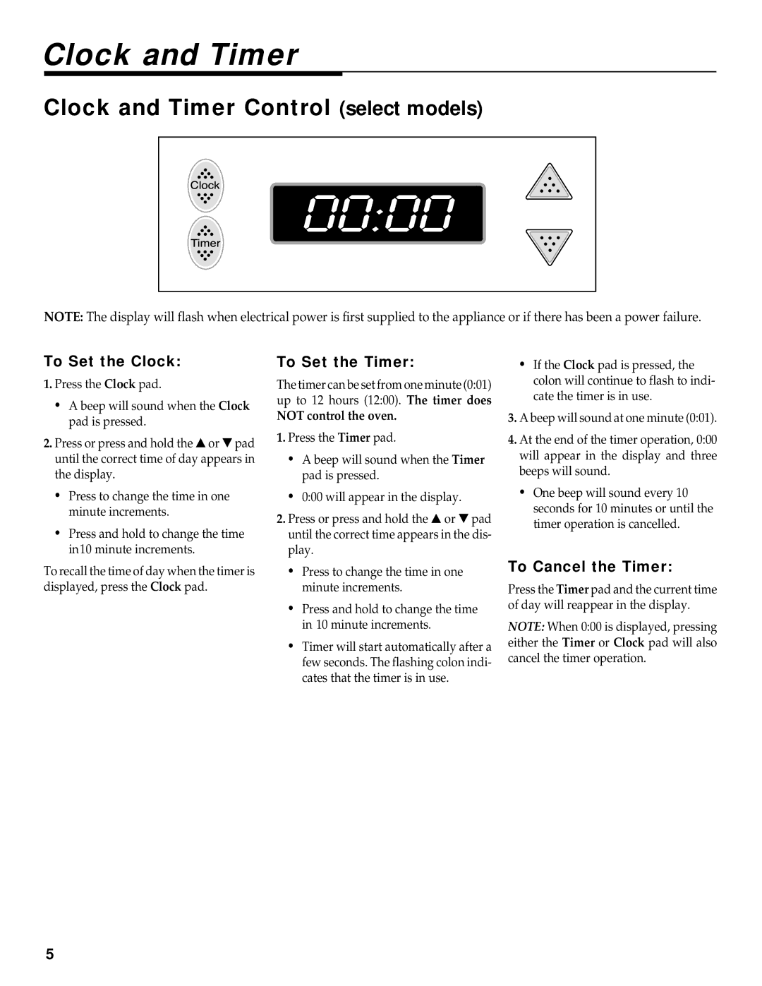 Maytag WT-TOD warranty Clock and Timer Control select models, To Set the Clock, To Set the Timer, To Cancel the Timer 