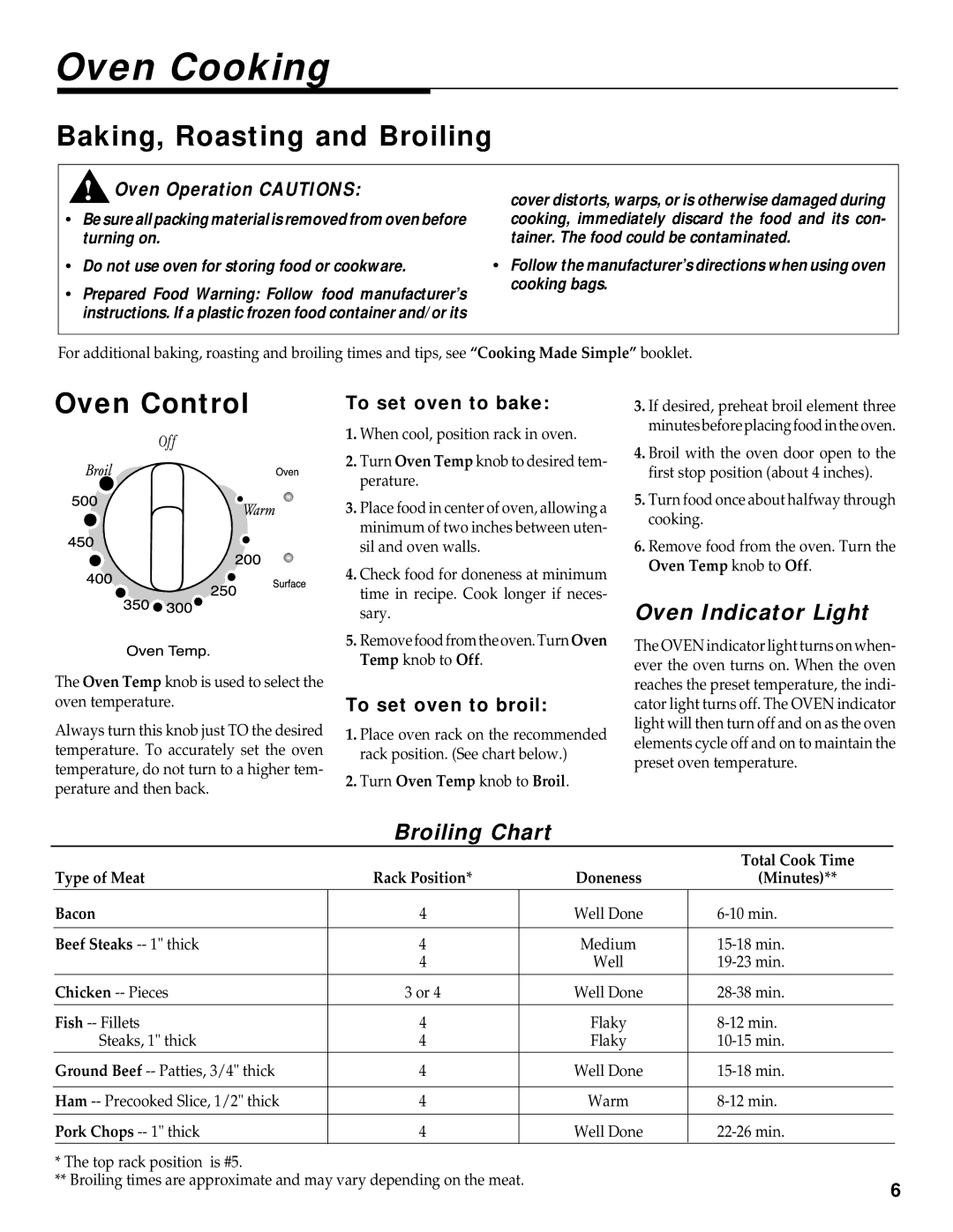 Maytag WT-TOD warranty Oven Cooking, Baking, Roasting and Broiling, Oven Control, Oven Indicator Light, Broiling Chart 