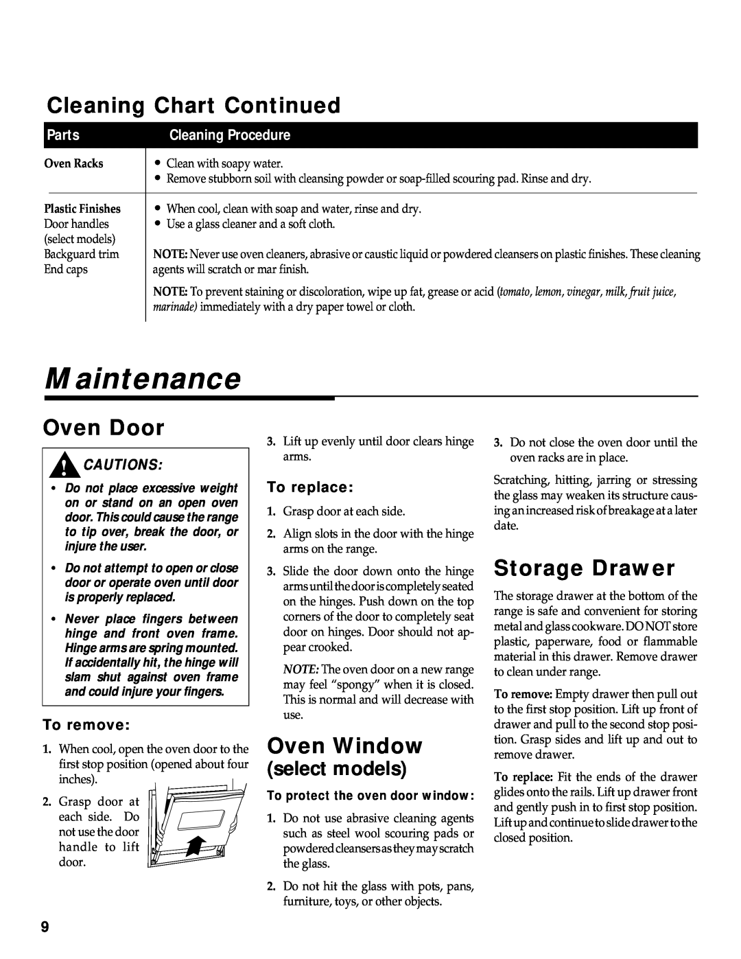Maytag WT-TOD Maintenance, Cleaning Chart Continued, Oven Door, Oven Window, Storage Drawer, Cautions, To remove, Parts 