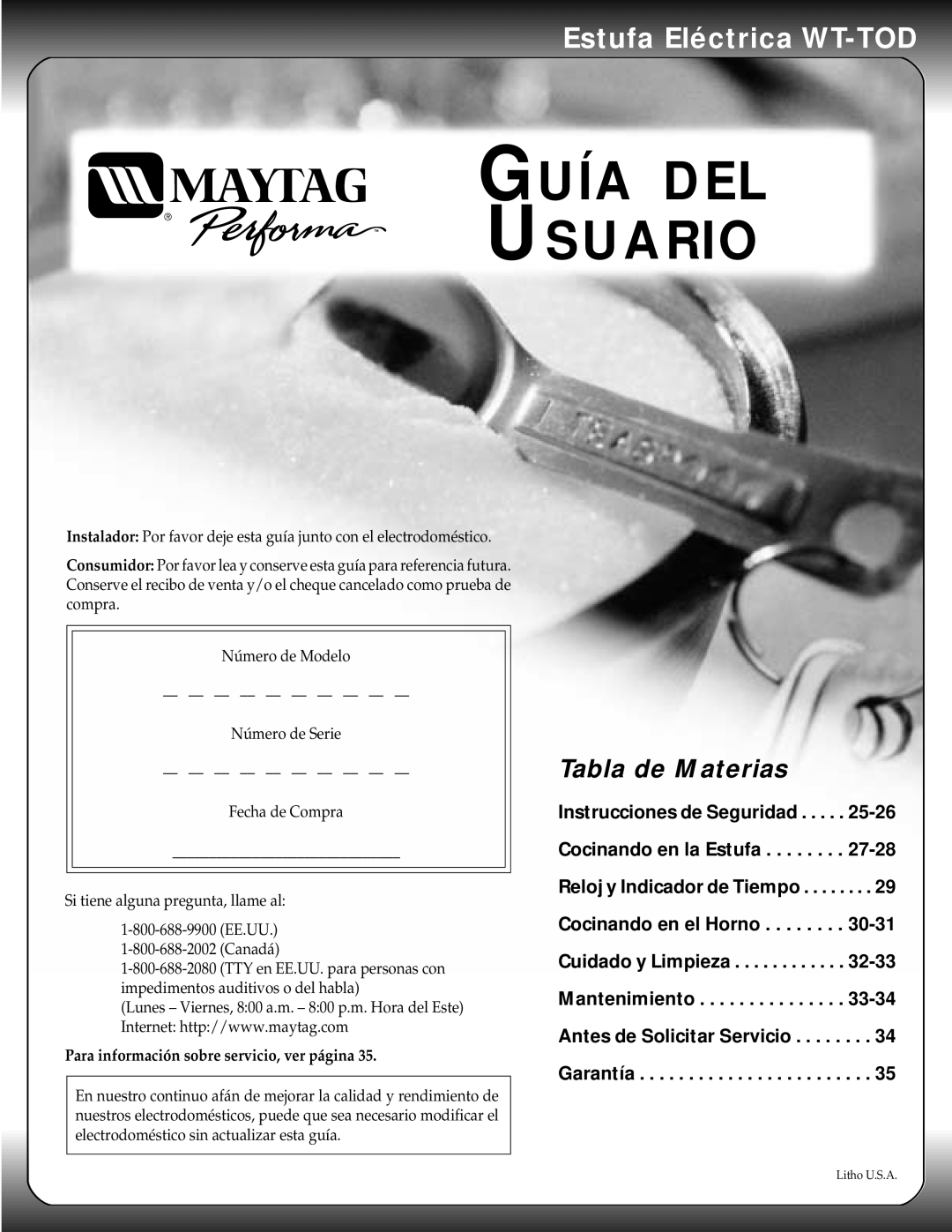 Maytag warranty Guía Del Usuario, Estufa Eléctrica WT-TOD, Tabla de Materias 