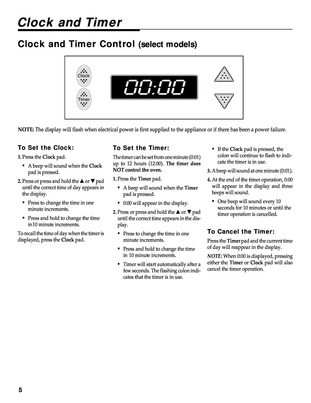 Maytag WT-TOD warranty Clock and Timer Control select models, To Set the Clock, To Set the Timer, To Cancel the Timer 