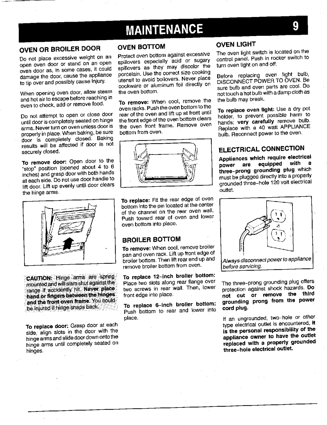 Maytag X9112VUV warranty Oven Light, Electrical Connection, Broiler Bottom, To remove When cool,removebroiler 