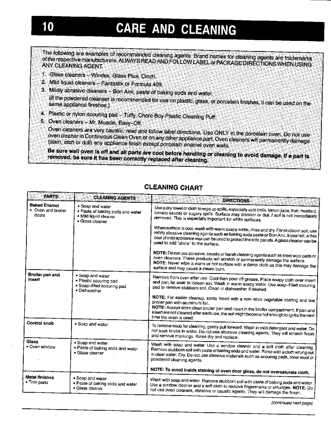 Maytag X9112VUV warranty 10CARE and Cleaning, Cleaning Chart 