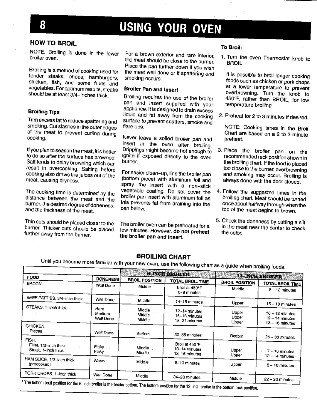 Maytag X9112VUV warranty HOW to Broil, Broiler Pan and Insert, Broiling Chart 