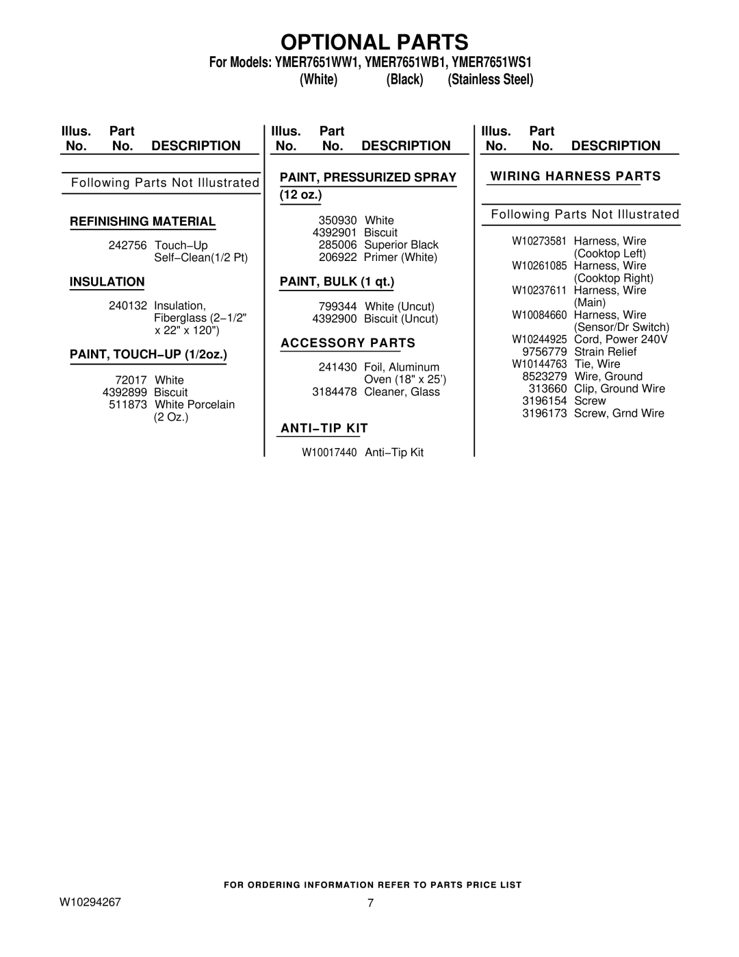 Maytag YMER7651WB1, YMER7651WW1, YMER7651WS1 owner manual Optional Parts, Wiring Harness Parts 