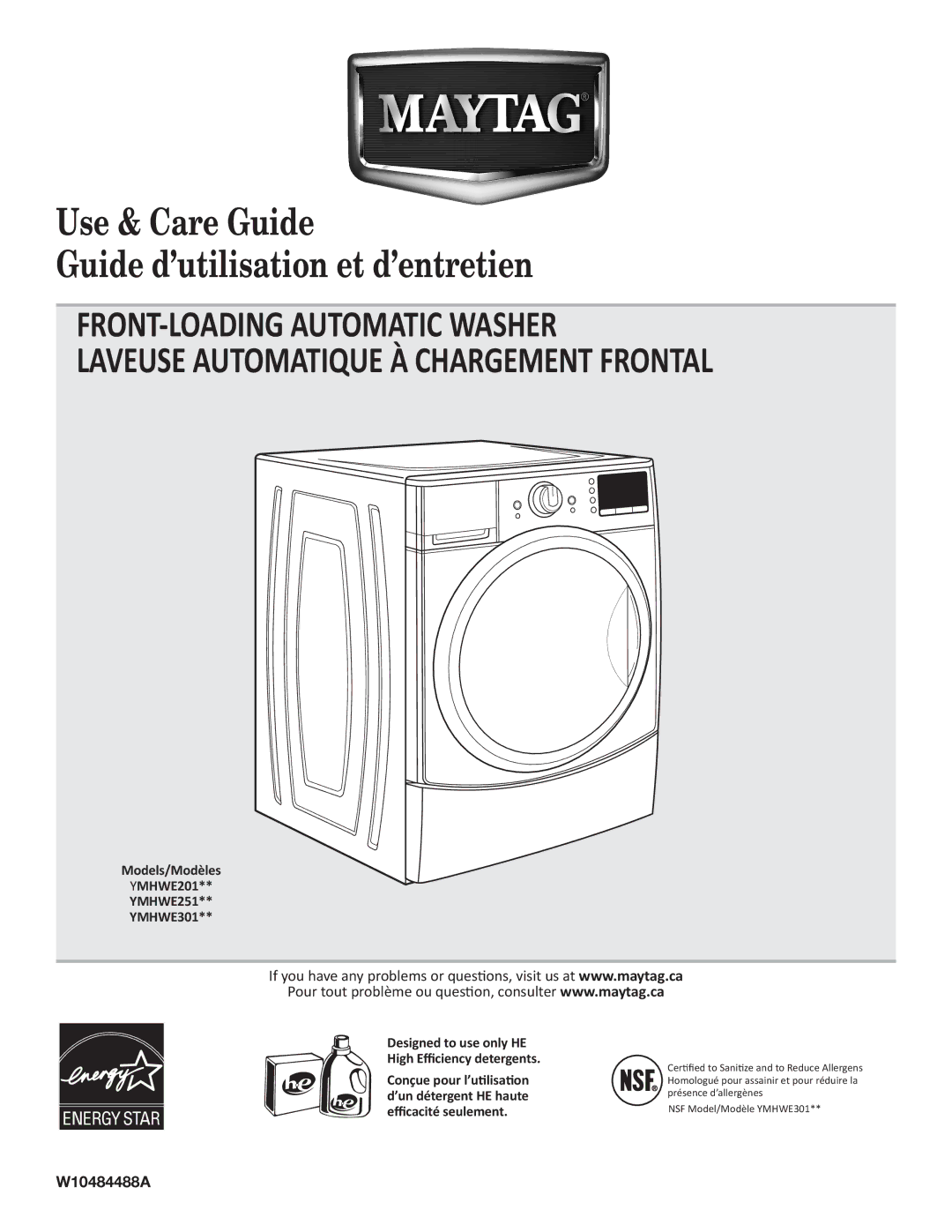 Maytag YMHWE301, YMHWE251, YMHWE201 manual Use & Care Guide Guide d’utilisation et d’entretien, W10484488A 