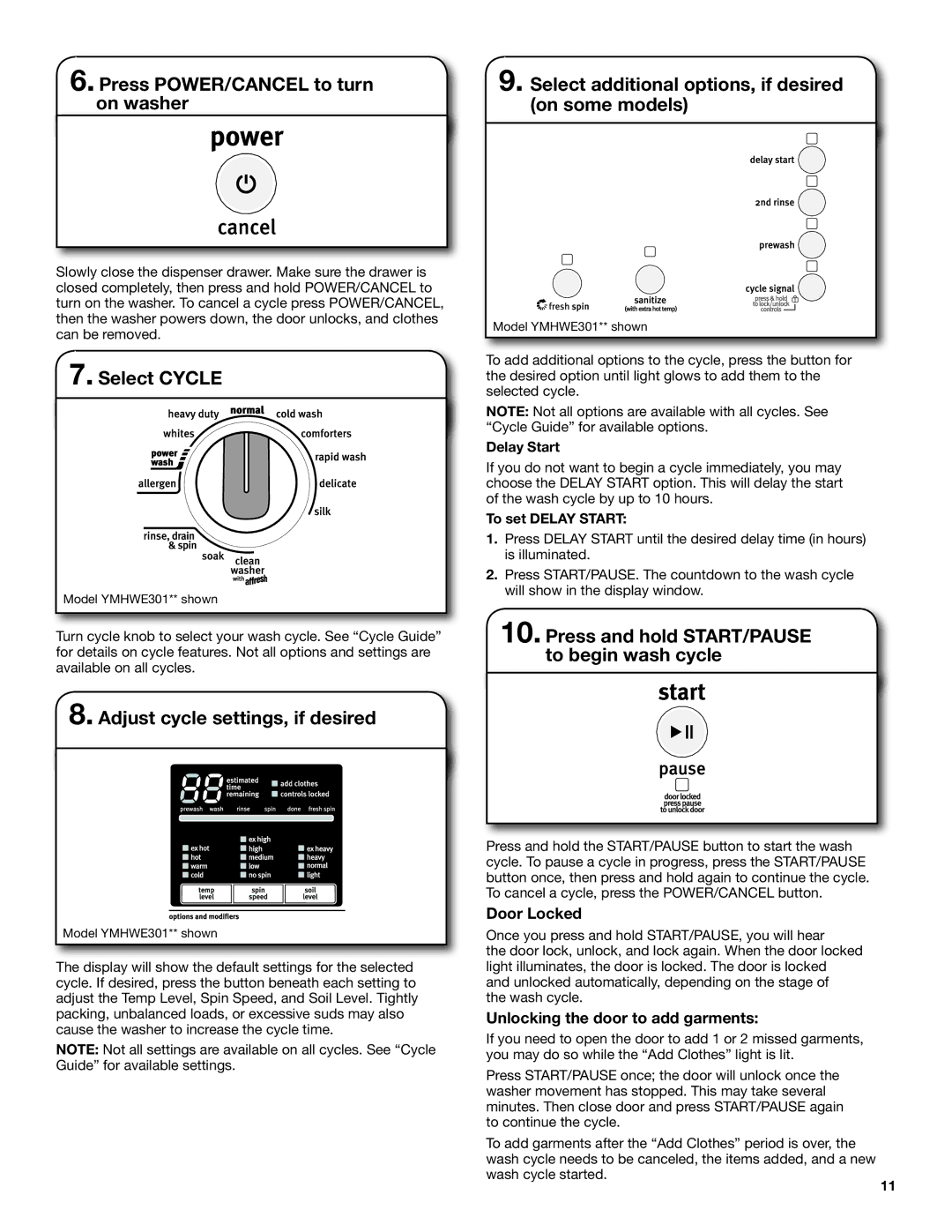 Maytag YMHWE201, YMHWE251 Select Cycle, Adjust cycle settings, if desired, Door Locked, Unlocking the door to add garments 