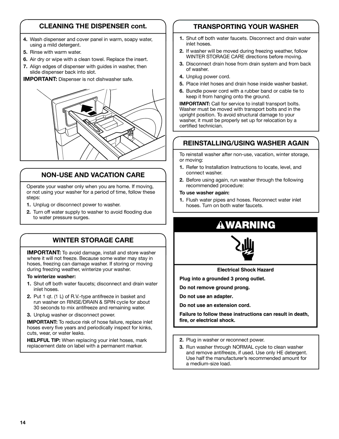 Maytag YMHWE201, YMHWE251 Cleaning the Dispenser, NON-USE and Vacation Care, Transporting Your Washer, Winter Storage Care 