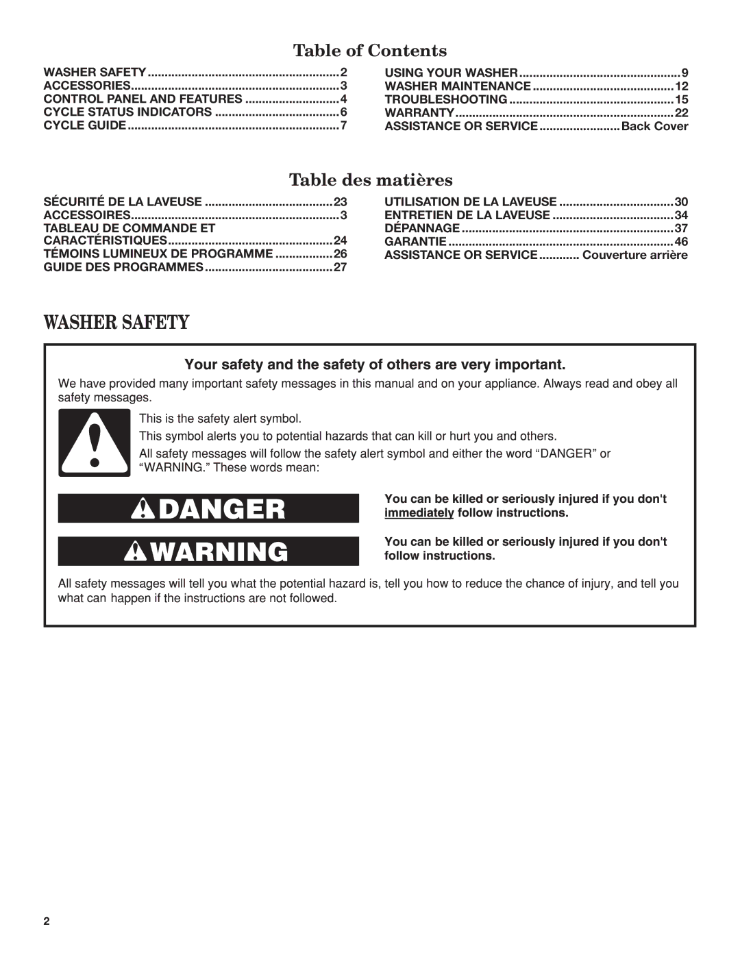 Maytag YMHWE201, YMHWE251, YMHWE301 manual Washer Safety, Table of Contents 