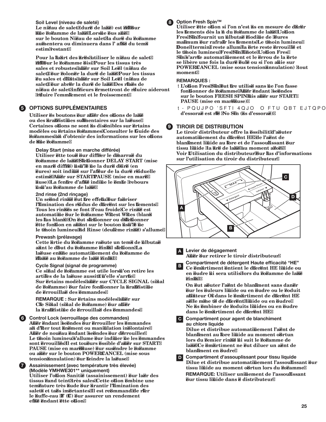 Maytag YMHWE301 Soil Level niveau de saleté, Delay Start mise en marche différée, 2nd rinse 2nd rinçage, Prewash prélavage 