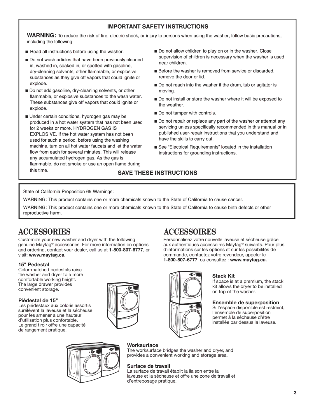 Maytag YMHWE251, YMHWE301, YMHWE201 manual Accessories, Accessoires 