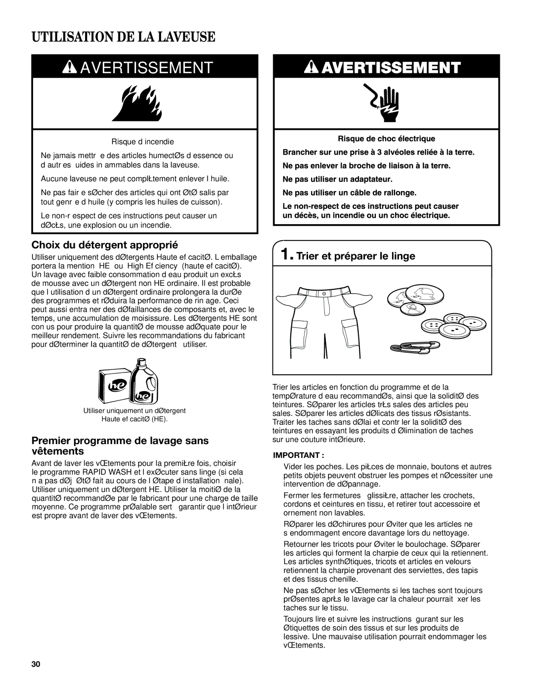 Maytag YMHWE251 manual Utilisation DE LA Laveuse, Choix du détergent approprié, Premier programme de lavage sans vêtements 