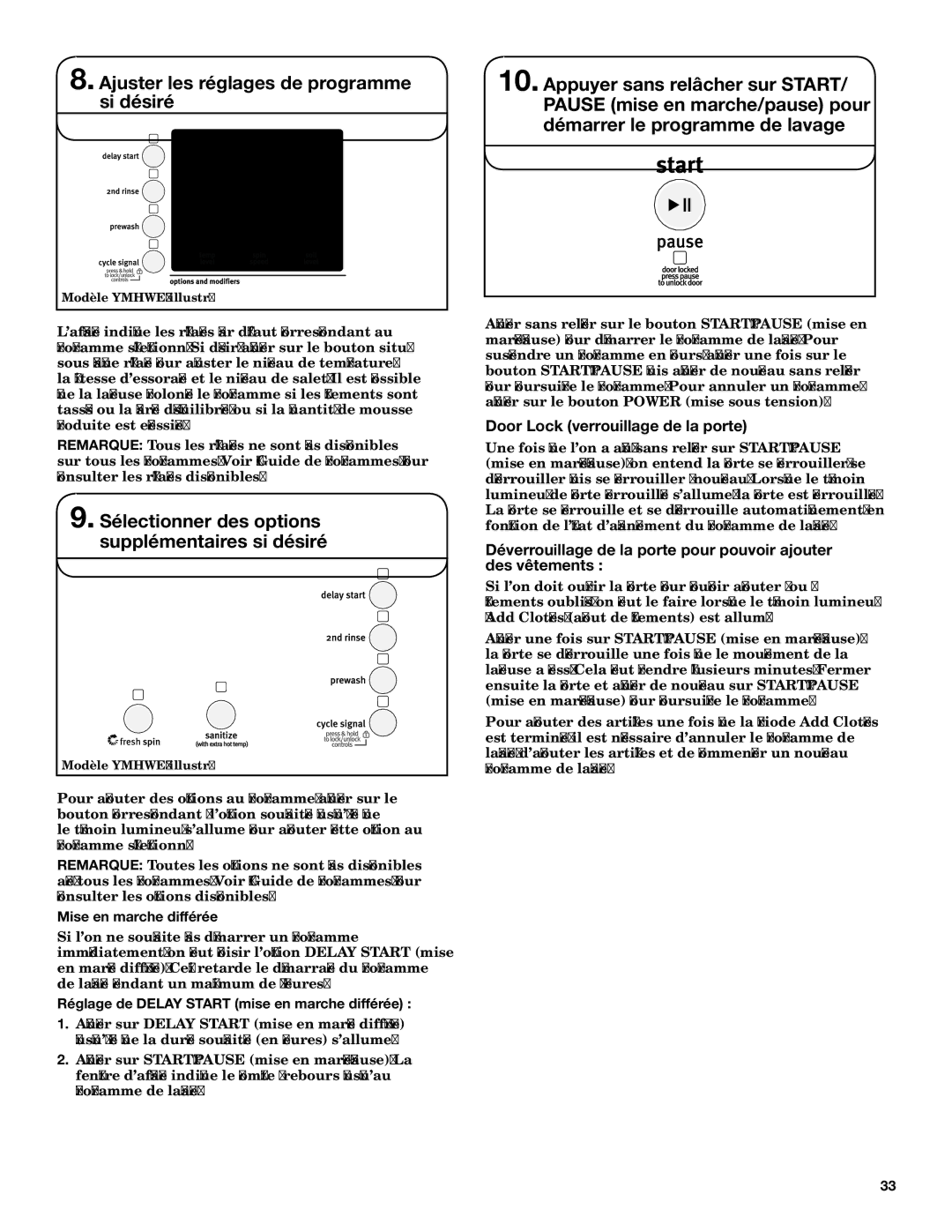 Maytag YMHWE251, YMHWE301 Ajuster les réglages de programme si désiré, Sélectionner des options supplémentaires si désiré 