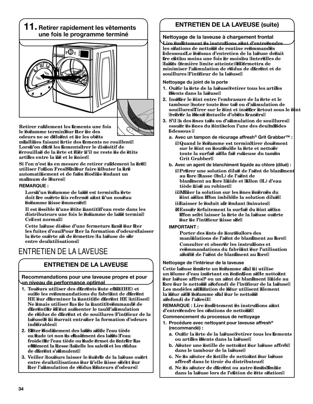 Maytag YMHWE301, YMHWE251, YMHWE201 manual Entretien DE LA Laveuse suite, Nettoyage de la laveuse à chargement frontal 