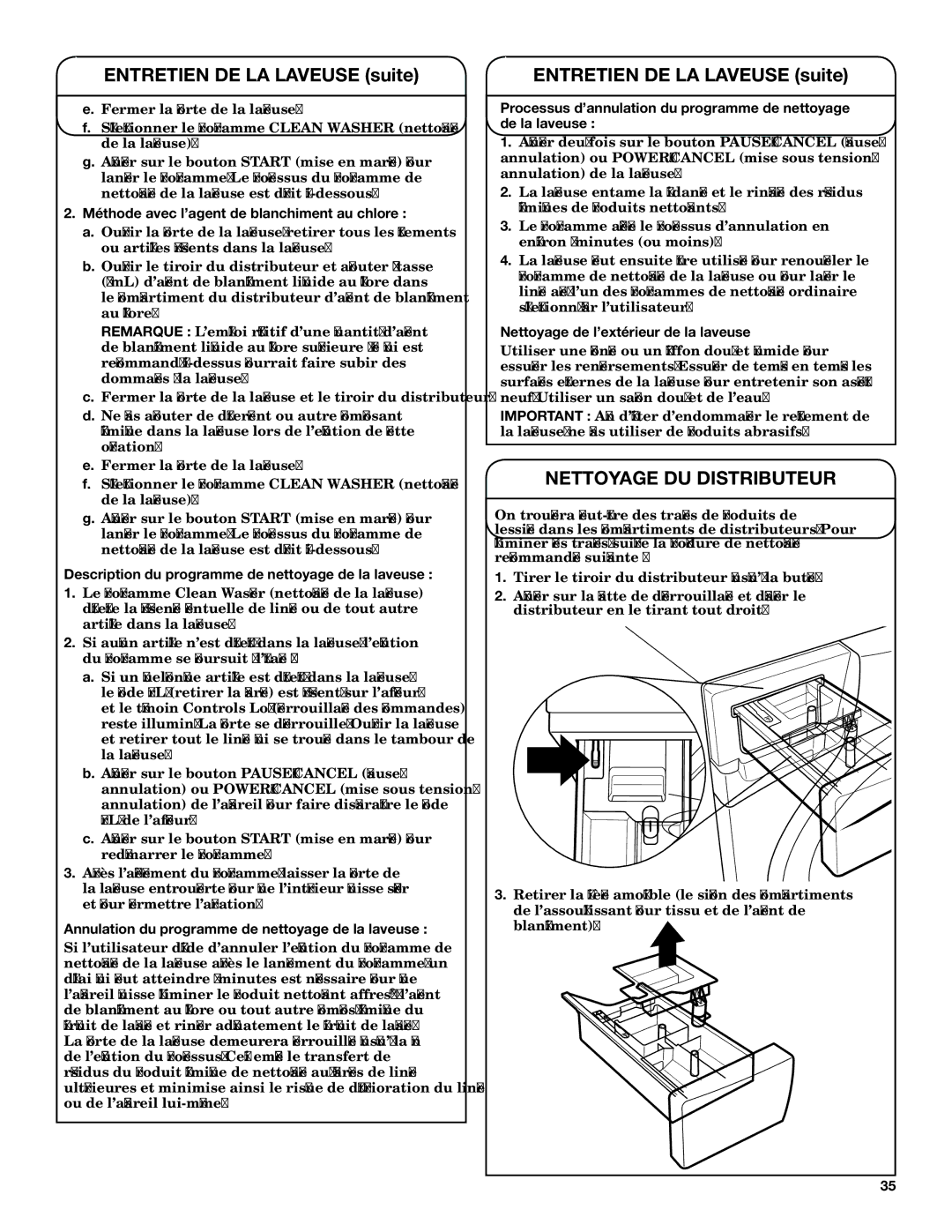 Maytag YMHWE201, YMHWE251, YMHWE301 manual Nettoyage DU Distributeur, Méthode avec l’agent de blanchiment au chlore 