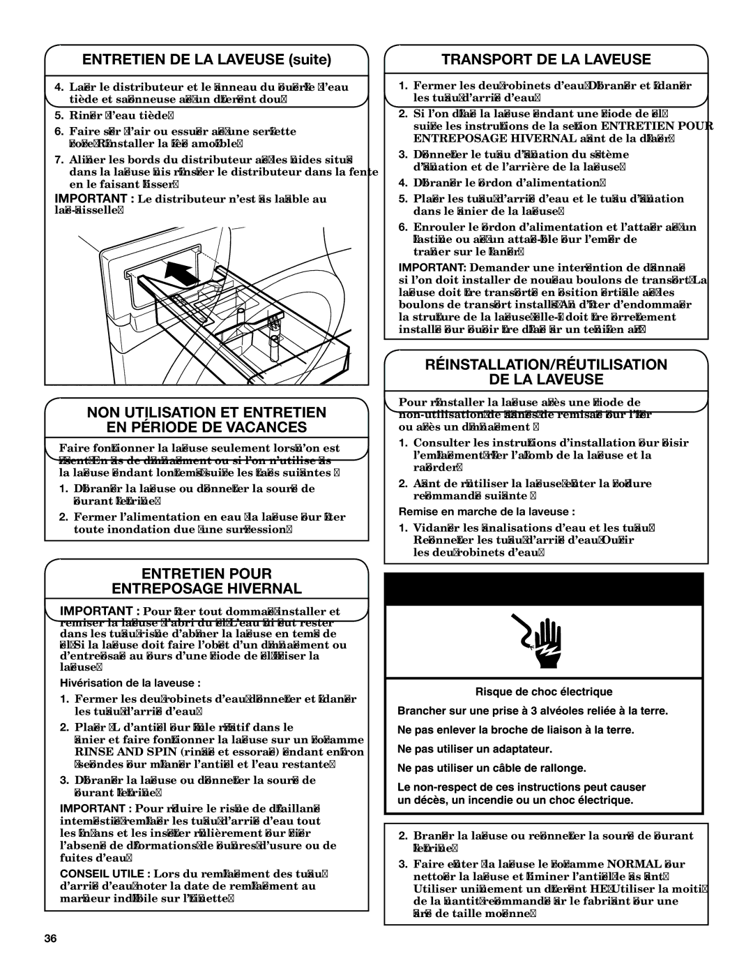 Maytag YMHWE251, YMHWE301 manual NON Utilisation ET Entretien EN Période DE Vacances, Entretien Pour Entreposage Hivernal 