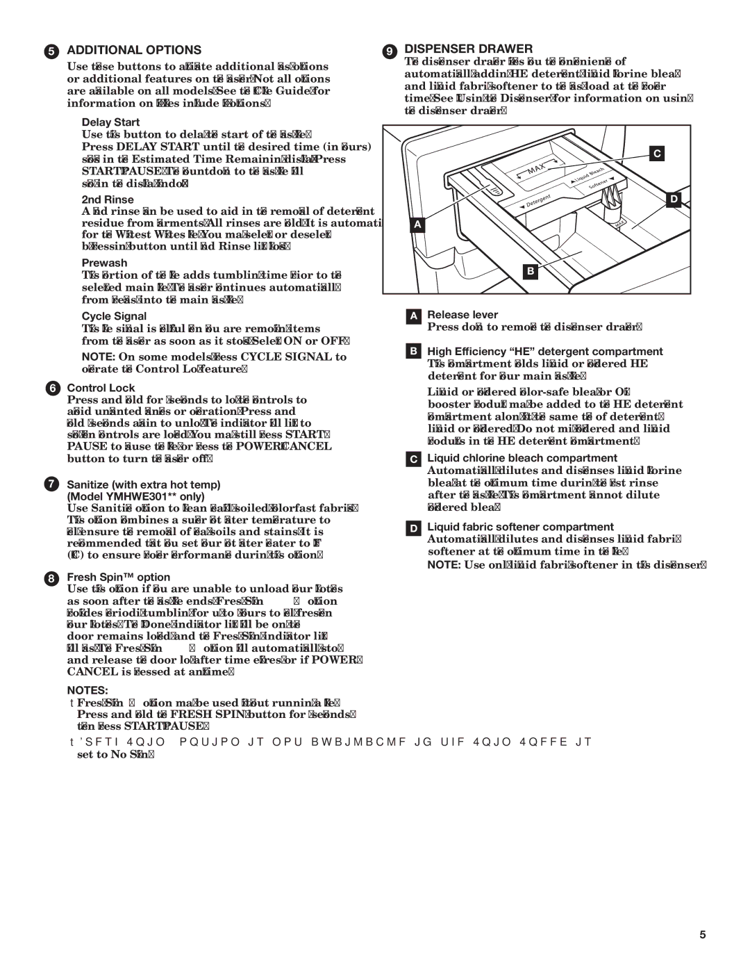 Maytag YMHWE201, YMHWE251 Delay Start, 2nd Rinse, Prewash, Cycle Signal, Control Lock, Fresh Spin option, Release lever 