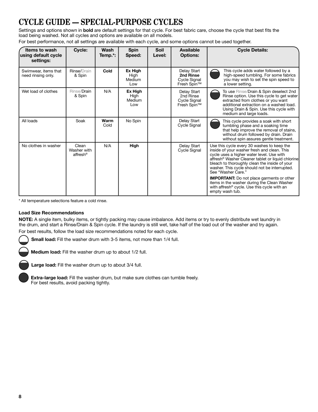 Maytag YMHWE201, YMHWE251, YMHWE301 manual Cycle Guide SPECIAL-PURPOSE Cycles, Load Size Recommendations 