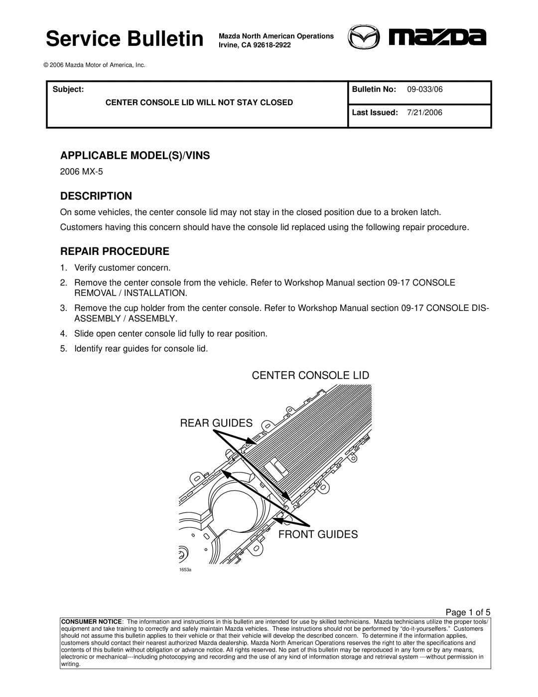 Mazda 2006 MX-5 specifications Applicable MODELS/VINS, Description, Repair Procedure 