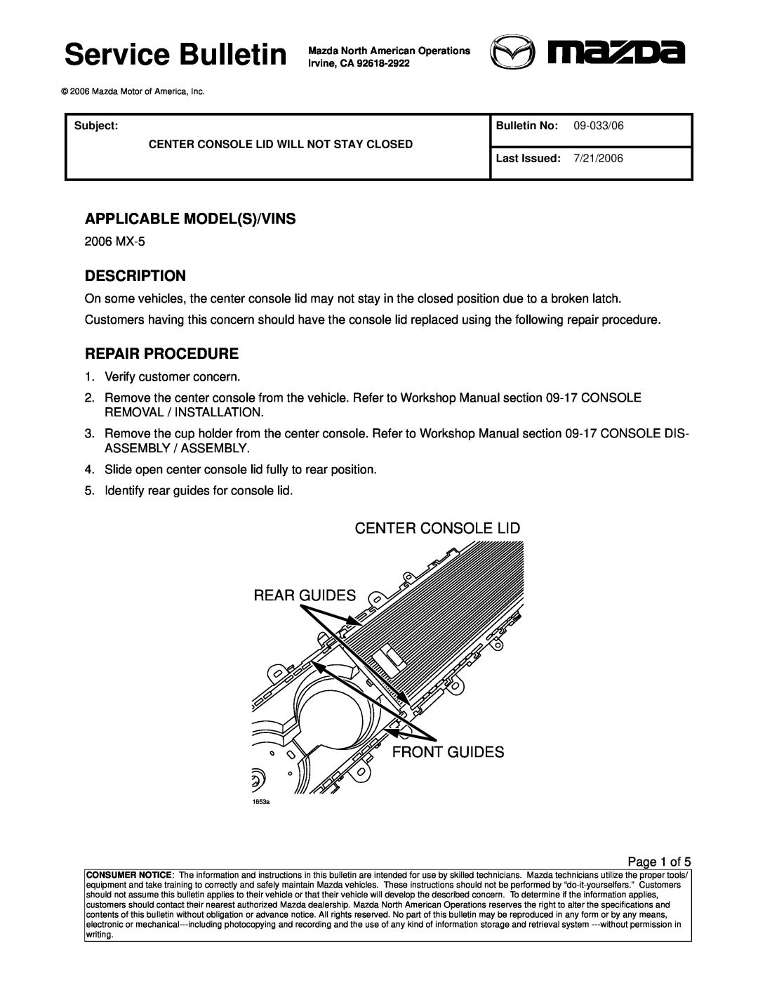 Mazda 2006 MX-5 specifications Applicable Models/Vins, Description, Repair Procedure 
