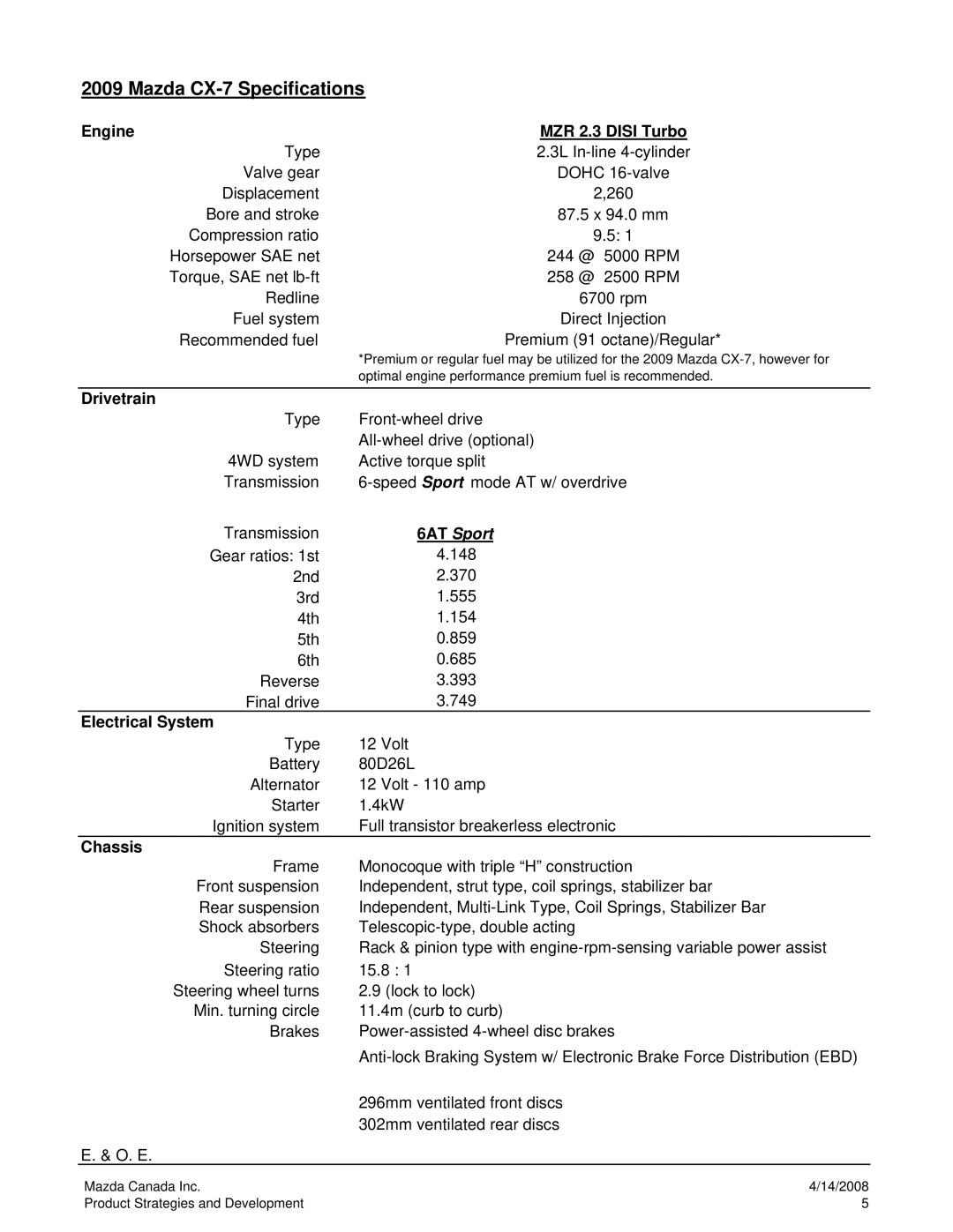 Mazda 2009 CX-7 specifications Mazda CX-7 Specifications, Recommended fuel 