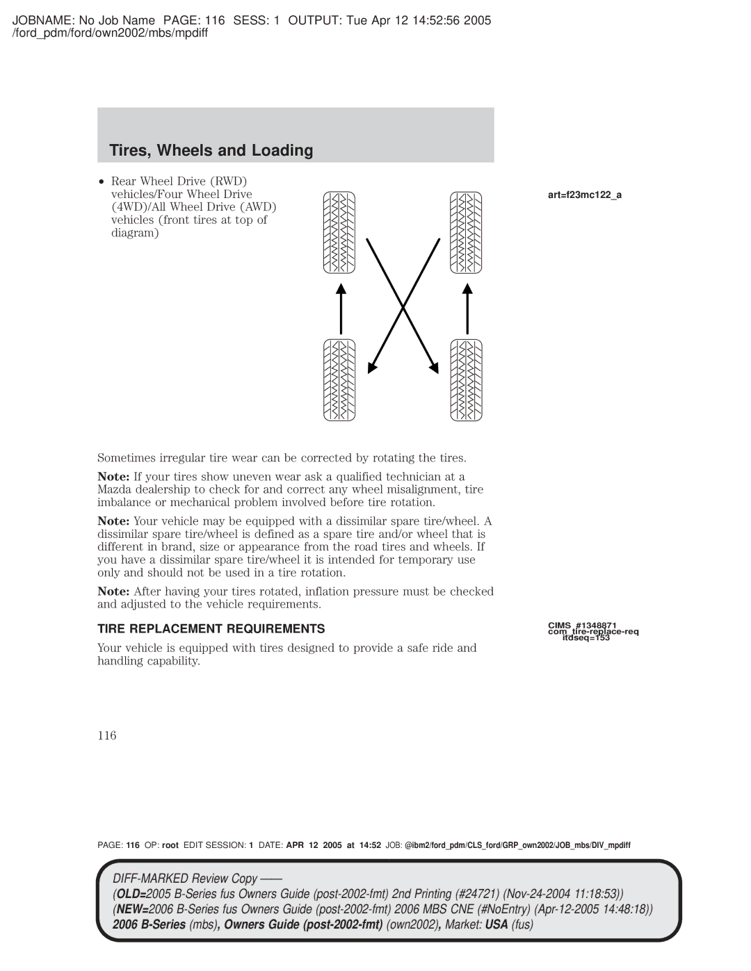 Mazda 4WD manual Tire Replacement Requirements, Art=f23mc122a 