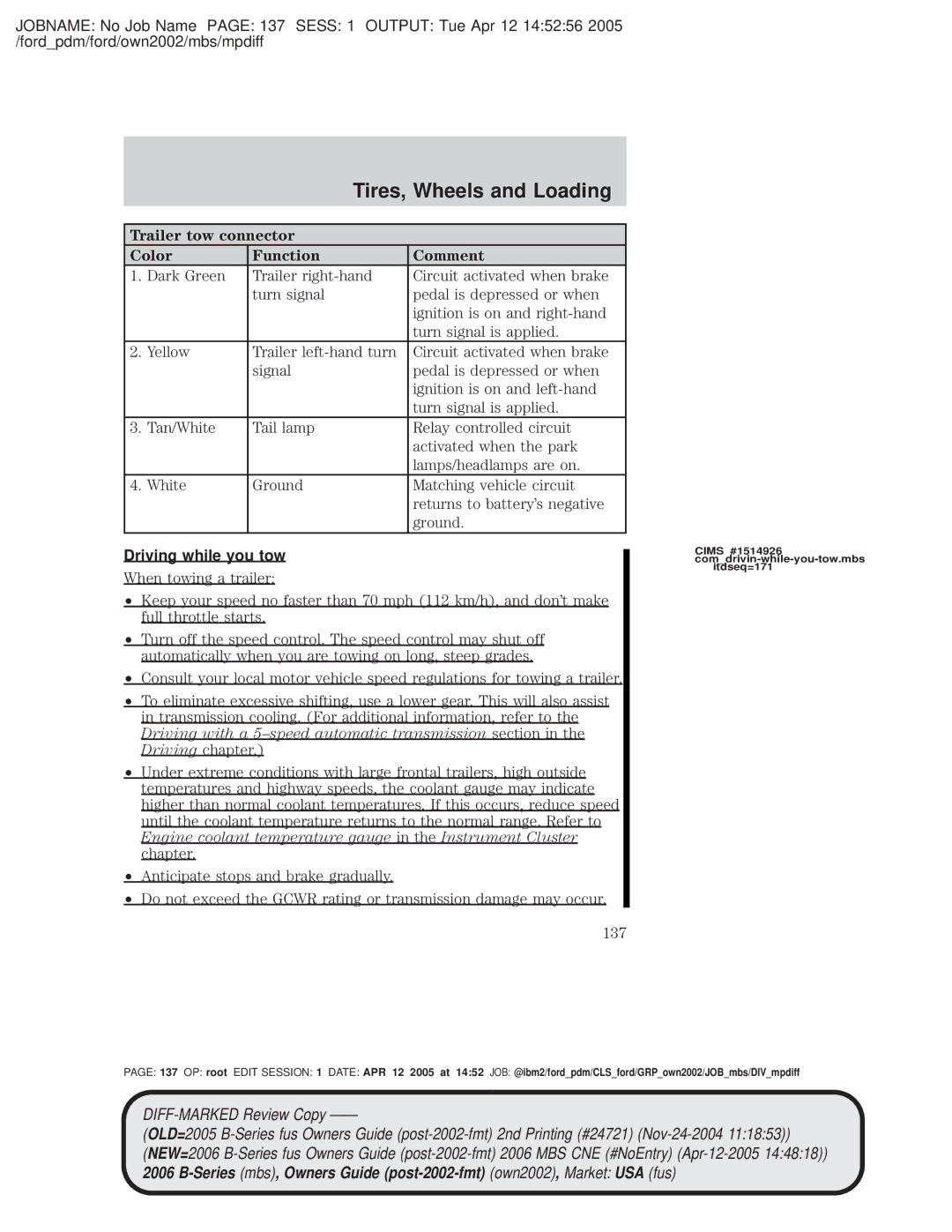 Mazda 4WD manual Trailer tow connector Color Function Comment, Driving while you tow 