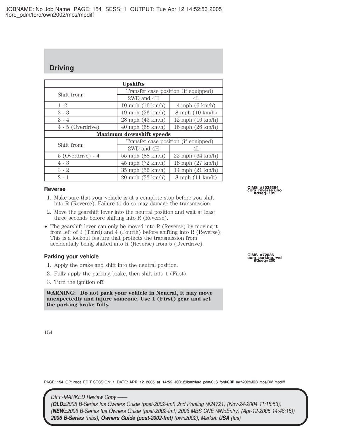 Mazda 4WD manual Upshifts, Shift from Transfer case position if equipped, Reverse, Parking your vehicle 