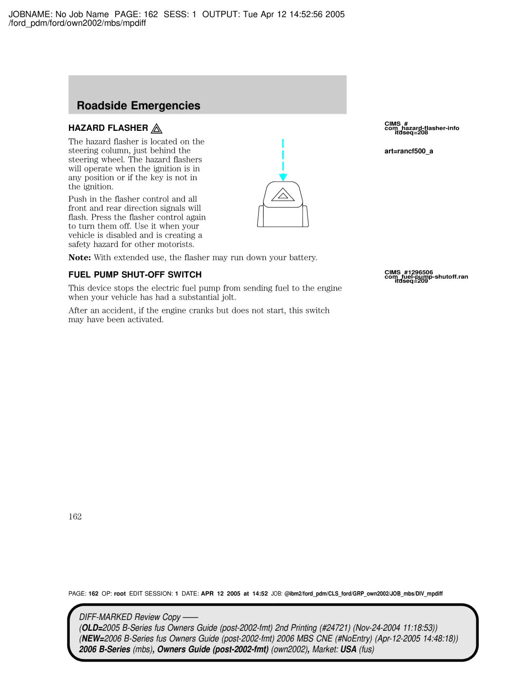 Mazda 4WD manual Roadside Emergencies, Hazard Flasher, Fuel Pump SHUT-OFF Switch, Art=rancf500a 