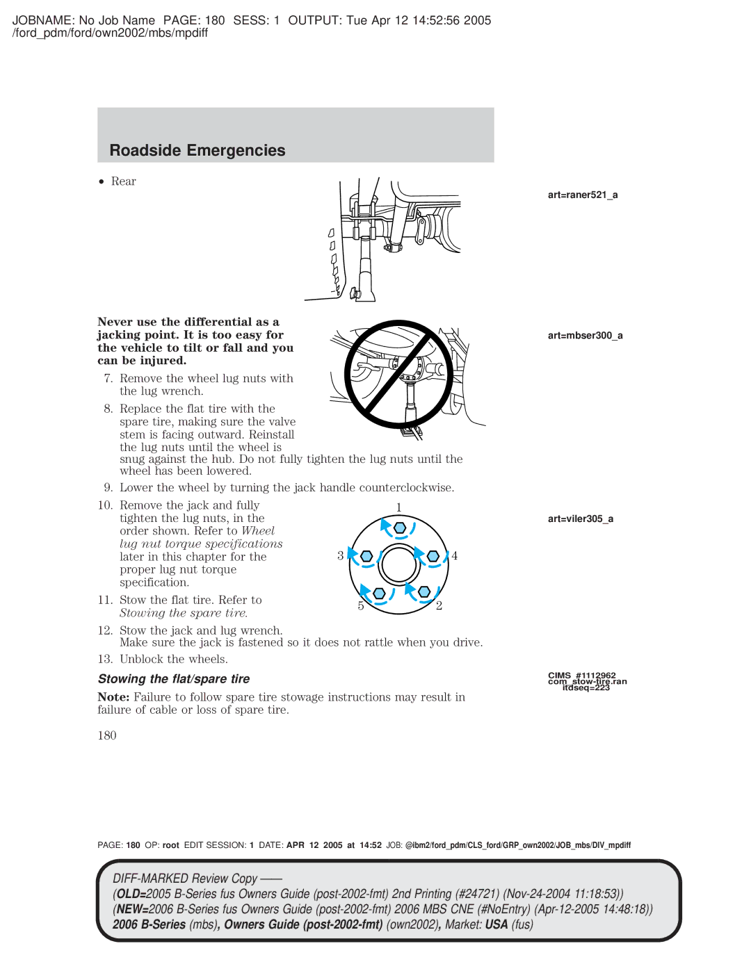 Mazda 4WD manual Rear, Remove the wheel lug nuts with the lug wrench, Stowing the flat/spare tire, 180 