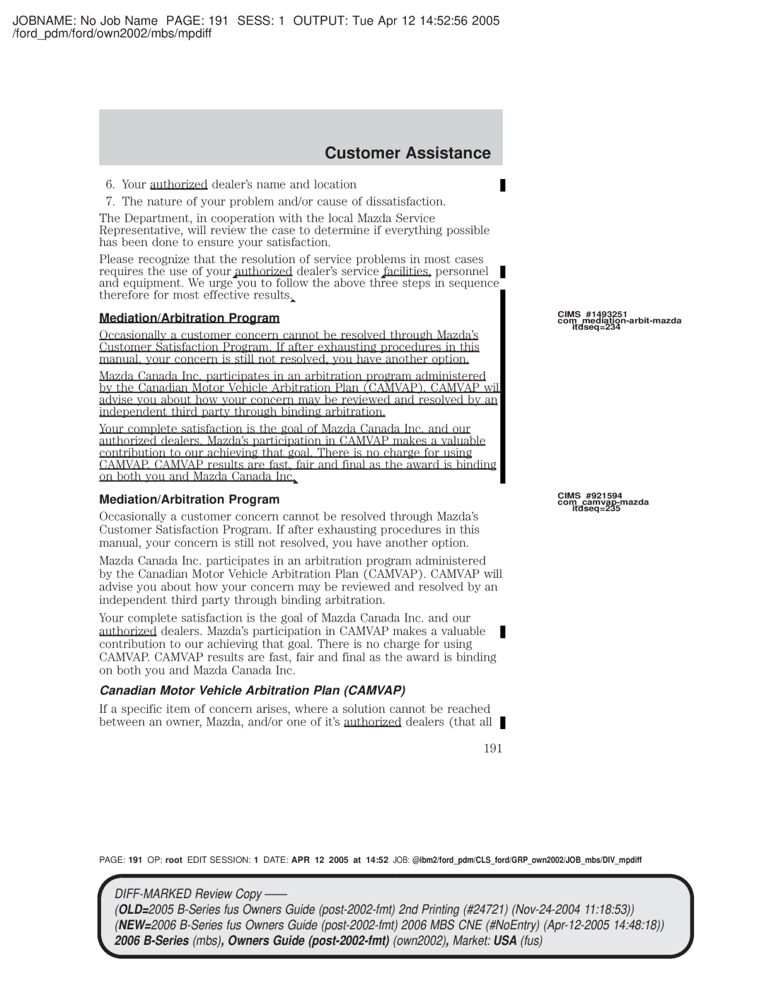 Mazda 4WD manual Mediation/Arbitration Program, Canadian Motor Vehicle Arbitration Plan Camvap 